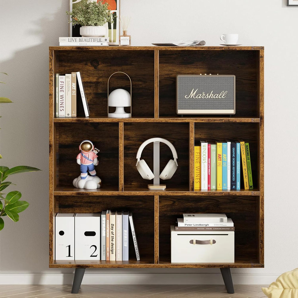 Vongrasig 7 Cube Bookshelf, 3 Tier Mid-Century Modern Bookcase with Legs, Woo...
