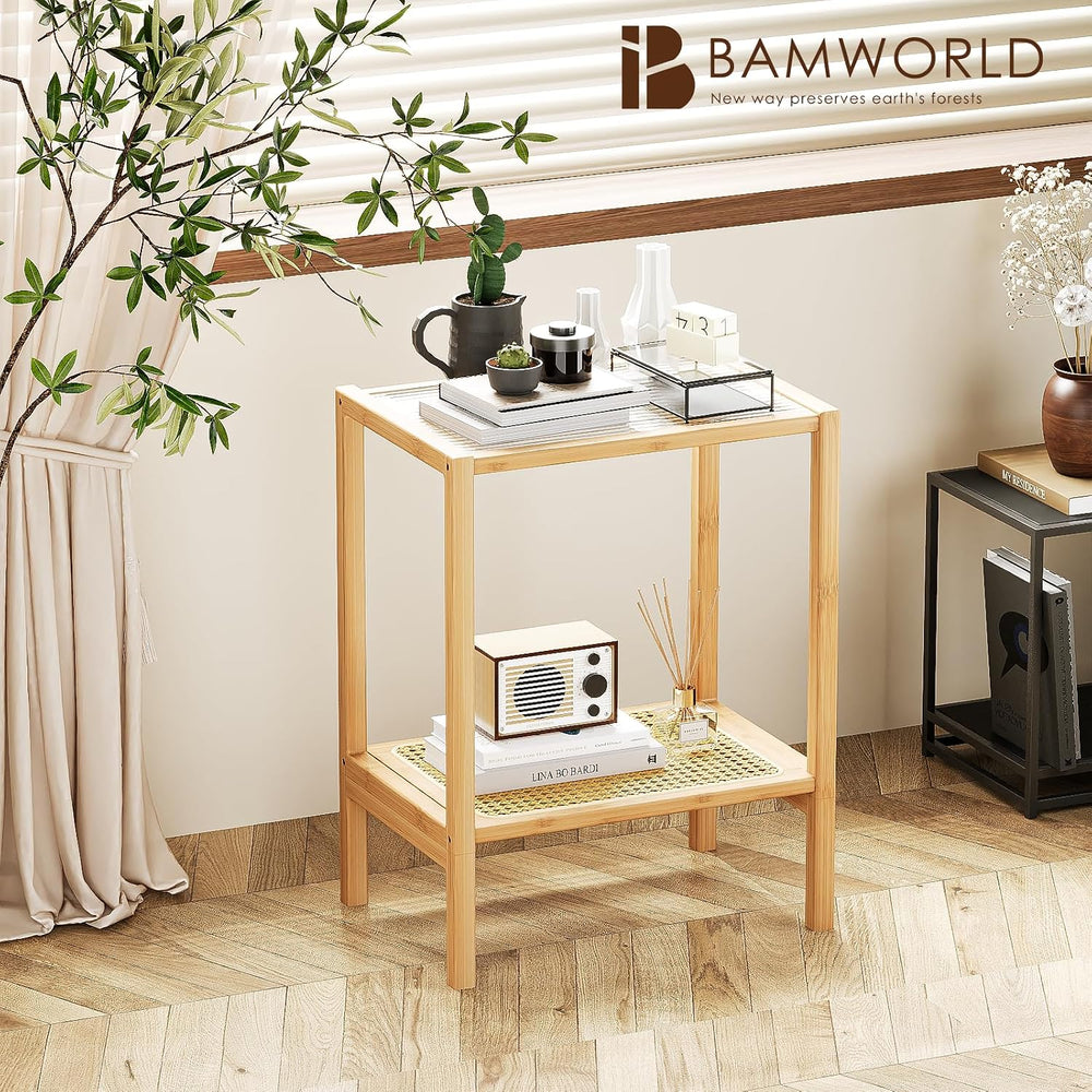Bamworld Side Table Nature Rattan End Table 2-Tier with Storage Boho