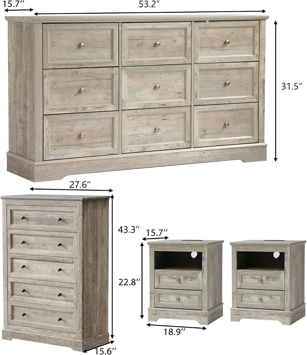 KIGOTY Farmhouse Bedroom Set, 4 Pcs Dresser and Nightstand Sets, 9/5 Drawer D...