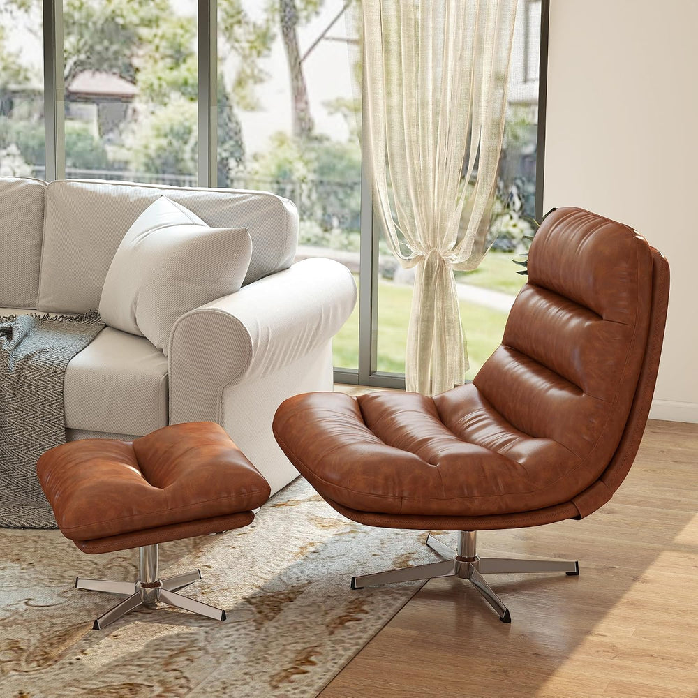 Modern Swivel Accent Chairs with Ottoman Set of 2, PU Leather Oversized Armle...