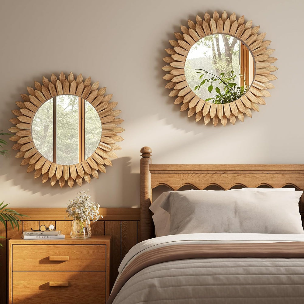 24" Round Sunburst Wooden Mirror Boho Rustic Wall Decor