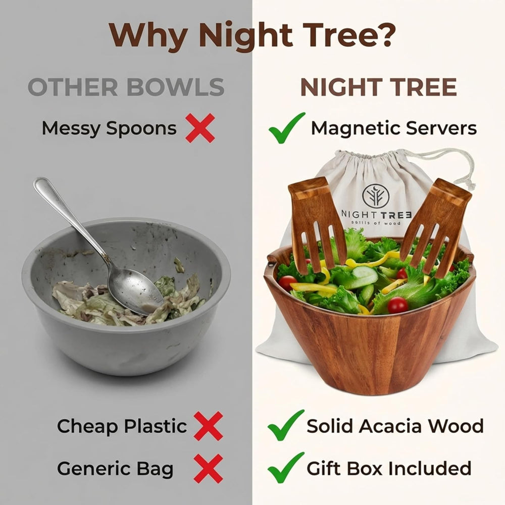 Night Tree Large Wooden Salad Bowl with Serving Utensils, 11.5 Inch Set
