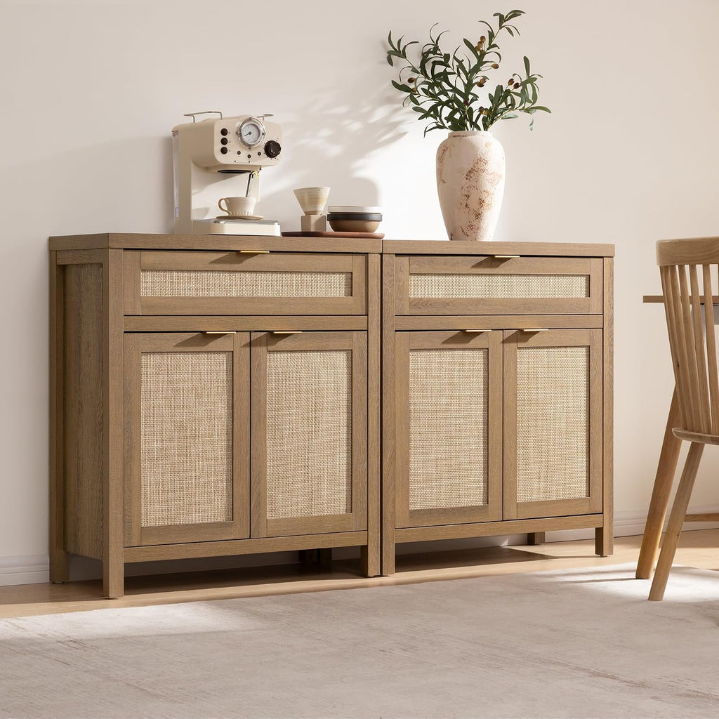 SICOTAS Buffet Cabinet Sideboard with Storage, Rattan Accent Cabinet