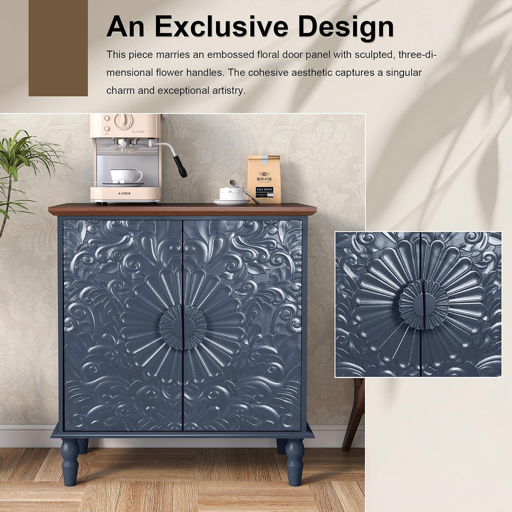 Accent Cabinet with 2 Embossed Flowers Doors for Living Room