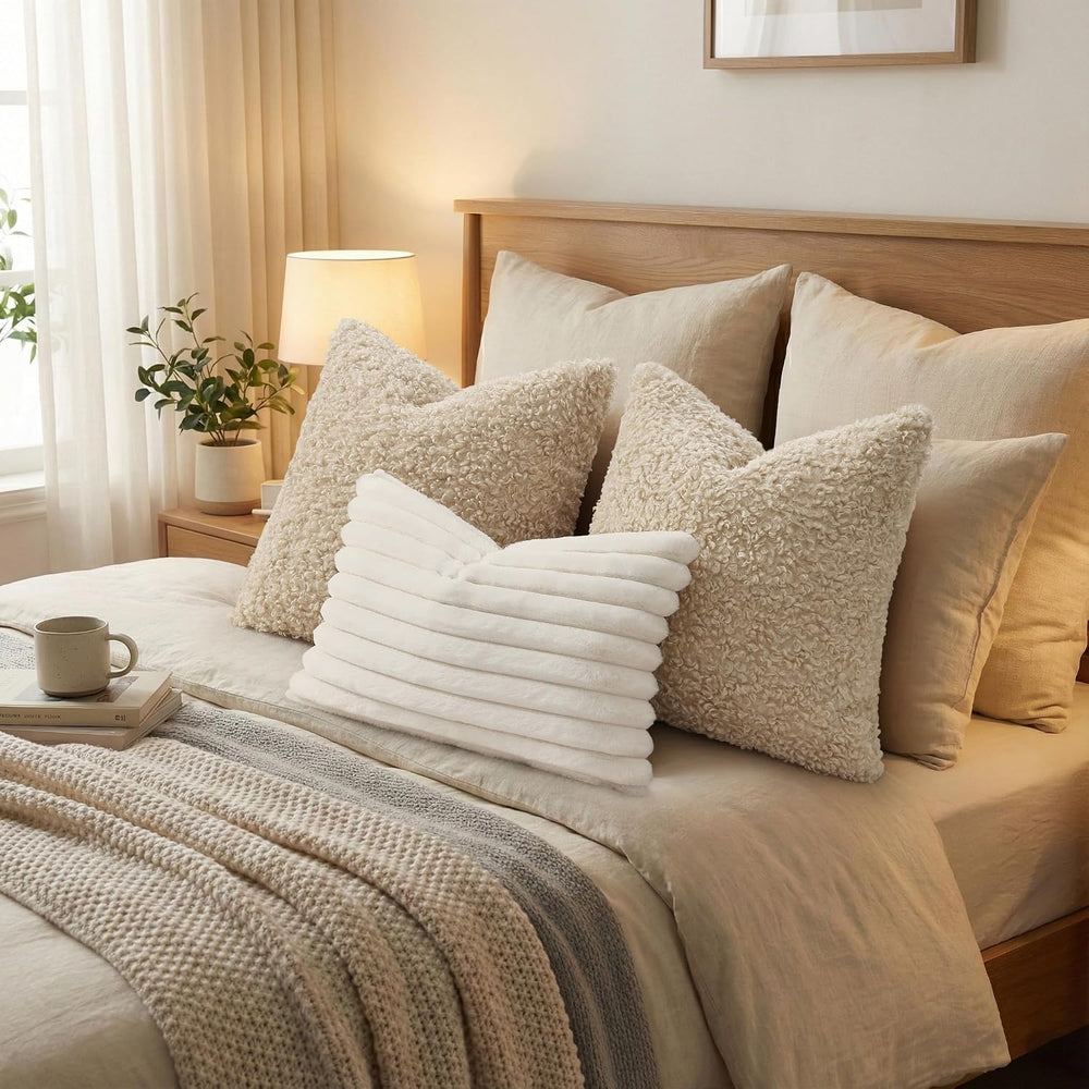 decorUhome Sherpa Throw Pillow Covers 24x24 Set of 2 Neutral Oatmeal