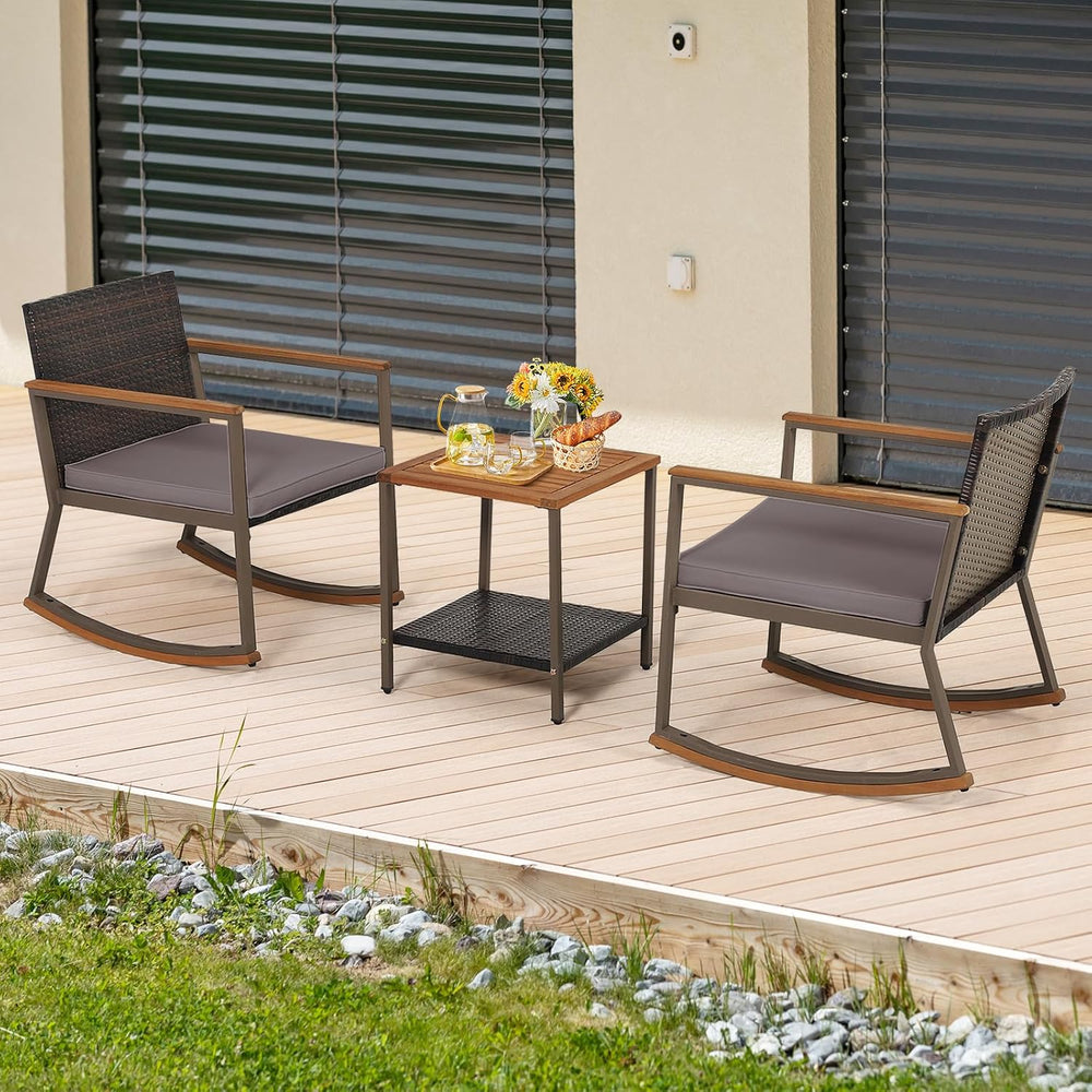 COSTWAY 3 Pieces Patio Rocking Bistro Set, Outdoor Wicker Acacia Wood Sets