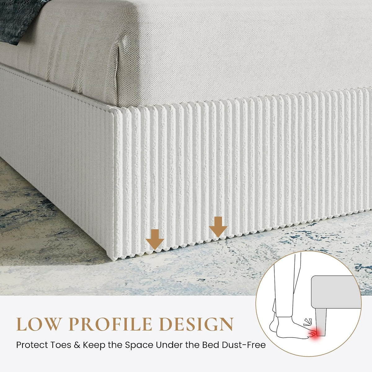 SHA CERLIN Queen Size Corduroy Bed Frame with Adjustable Headboard, White
