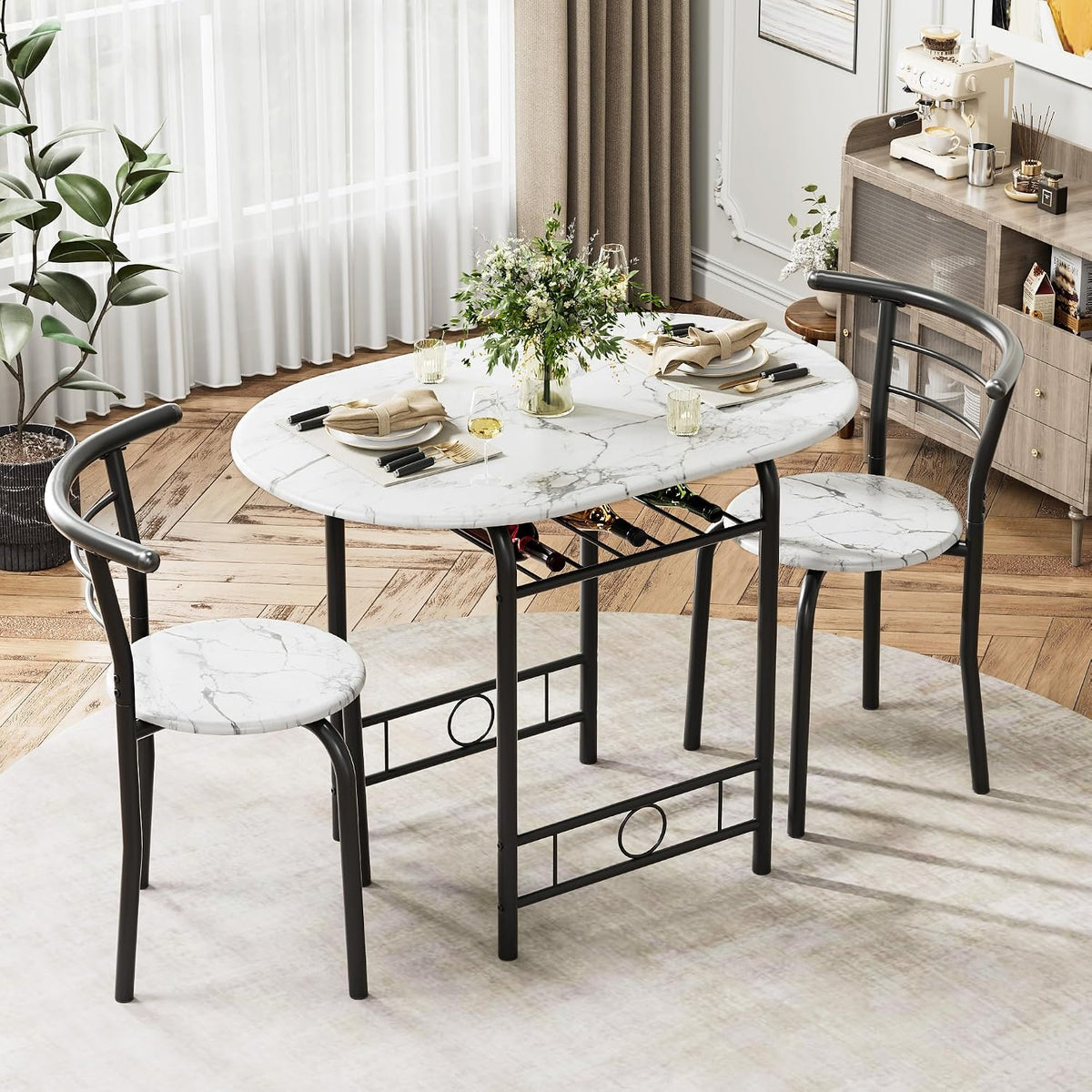 Flamaker Dining Table for 2, 3 Piece Round Table & Chair Set, White & Black | Small Kitchen Table for Breakfast Nook, Wood Grain Tabletop and Built-in Storage Rack, Space Saving for Kitchen, Dining Room