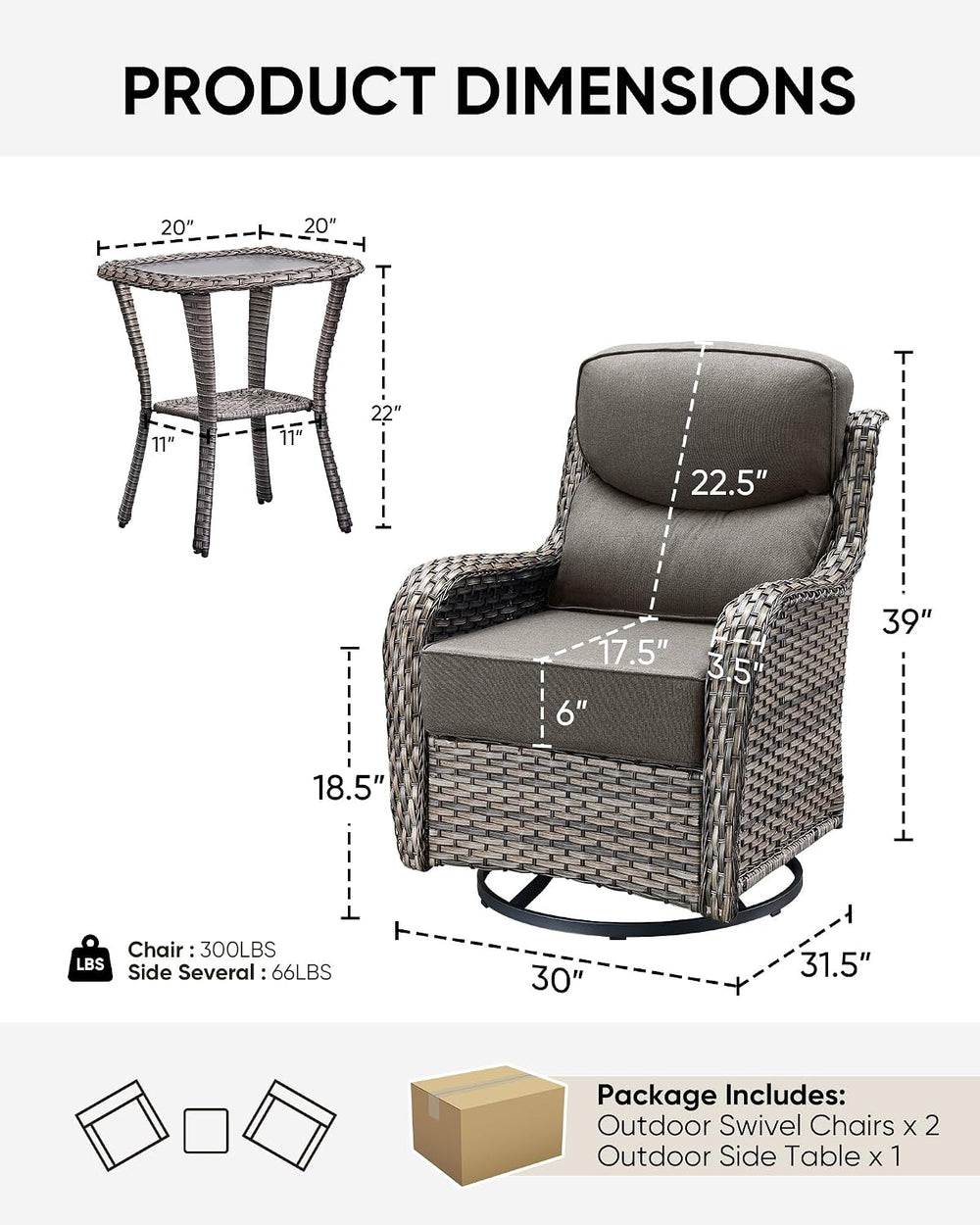 HUMMUH 3-Piece Wicker Swivel Rocker Chairs and Side Table Patio Set