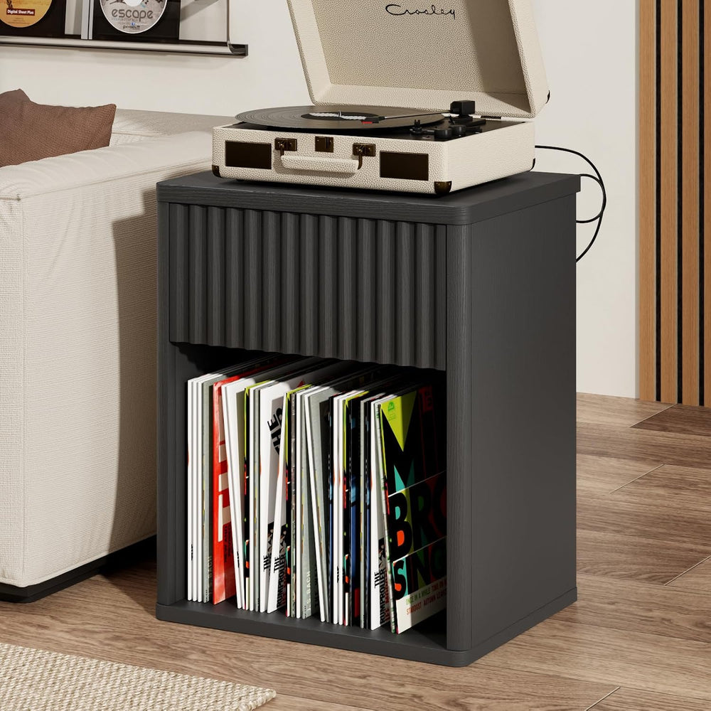 Fluted Black Nightstands Set of 2 w/Charging Station, Wooden End Table Bed Si...
