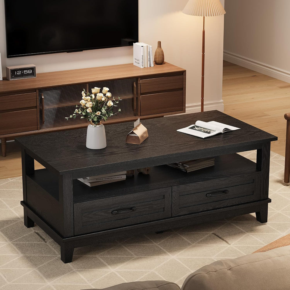 IDEALHOUSE Black Coffee Table with Drawers, 47.2” Rustic Center Table with Op...