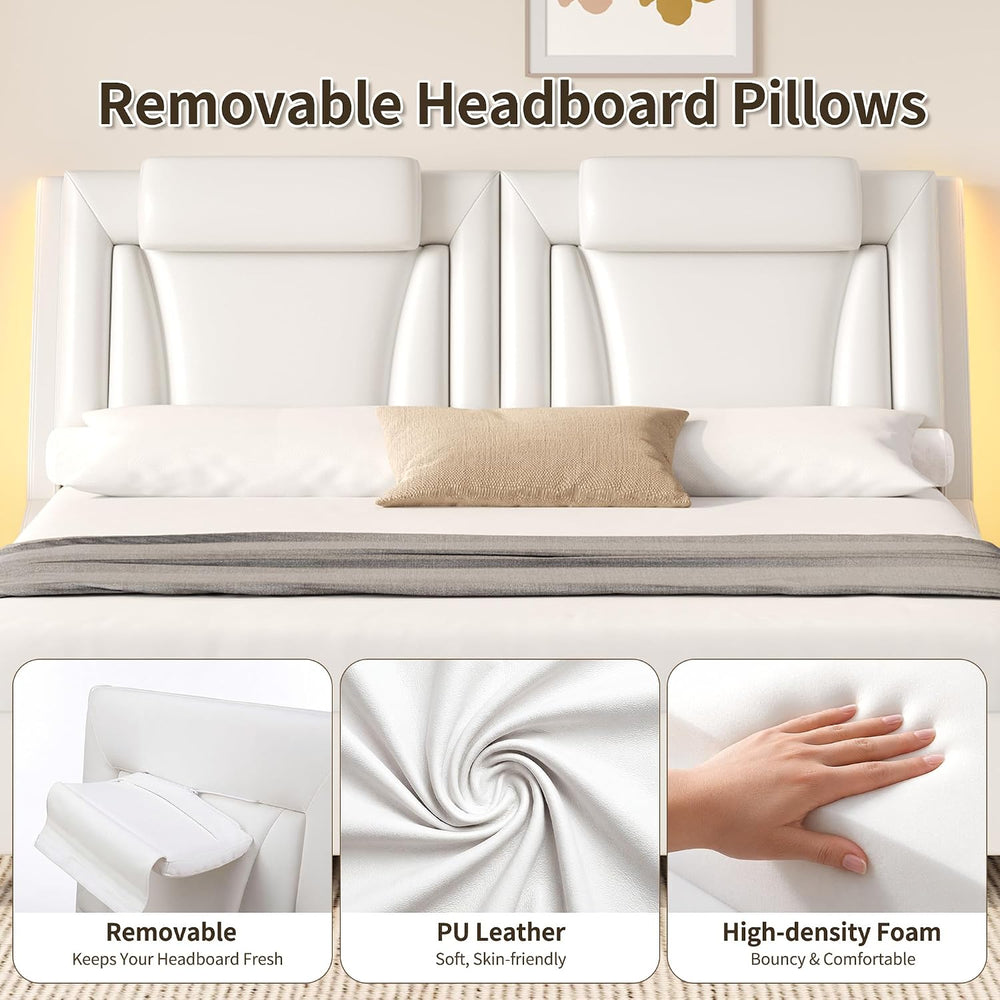 Keyluv King LED Upholstered Bed Frame with Adjustable Headboard, White