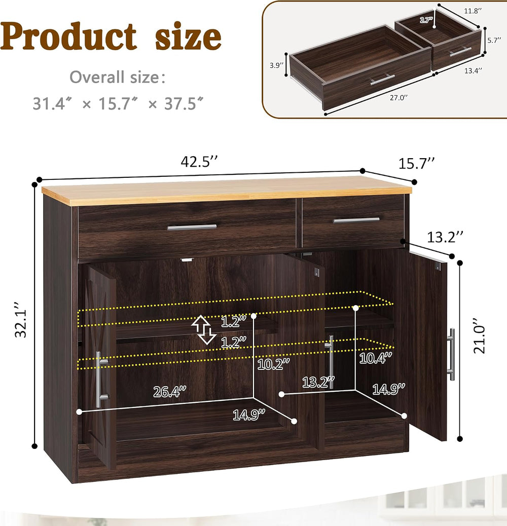 Vongrasig 43" Farmhouse Sideboard Buffet Cabinet, Rustic Brown
