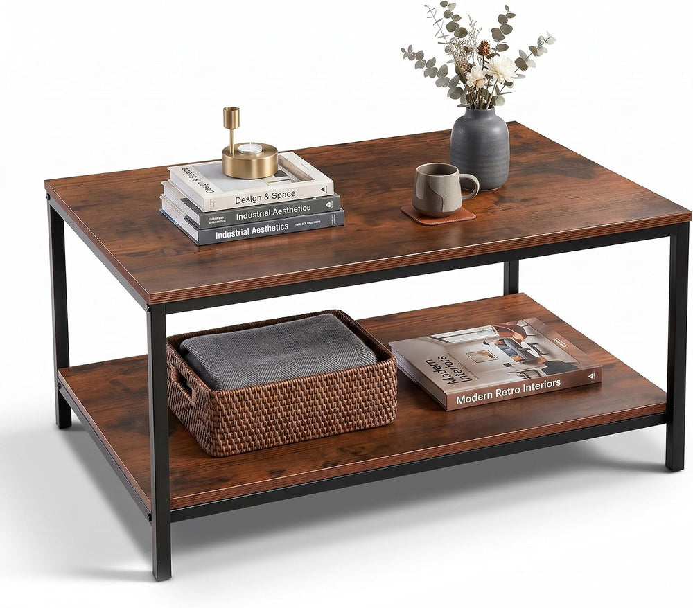SUPER DEAL 2-Tier Industrial Coffee Table with Storage Shelf for Small Apartm...