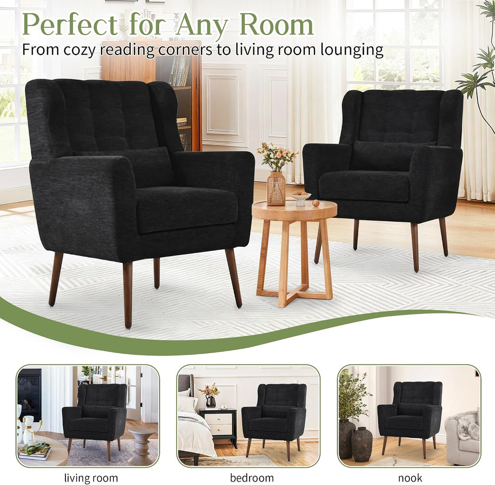 cinkehome Accent Arm Chairs for Living Room, Black Chenille Upholstered Morde...