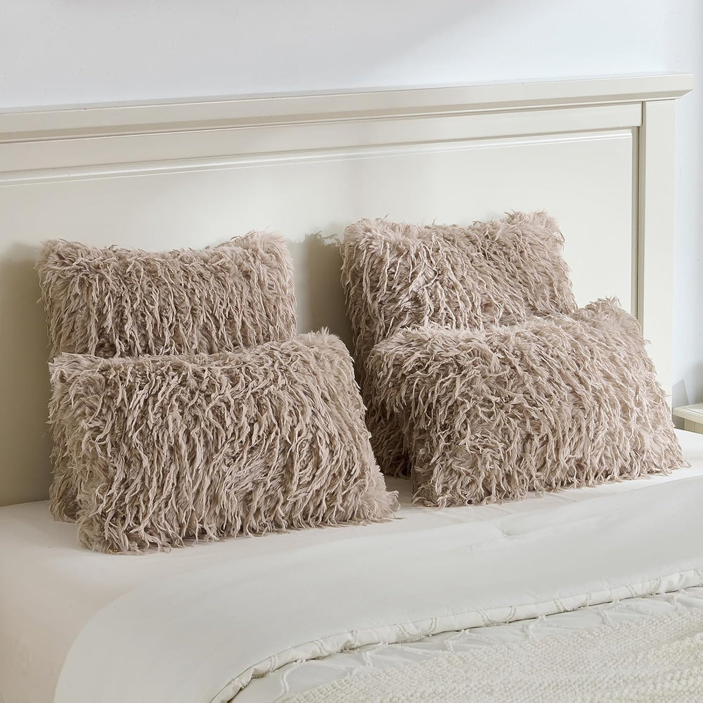 FUTEI Pack of 2 Fluffy Faux Fur Throw Pillow Covers 24x24 Inch, Khaki