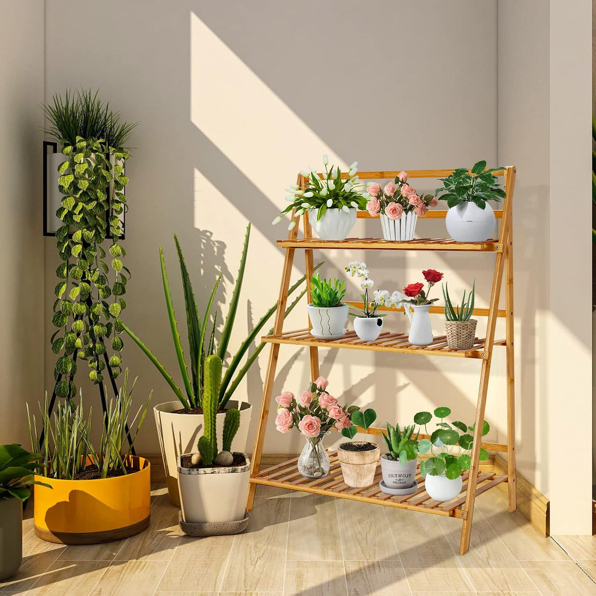 COSTWAY Bamboo Plant Stand, Foldable Multifunctional Flower Display Ladder Shelf, 3-Tier Storage Rack