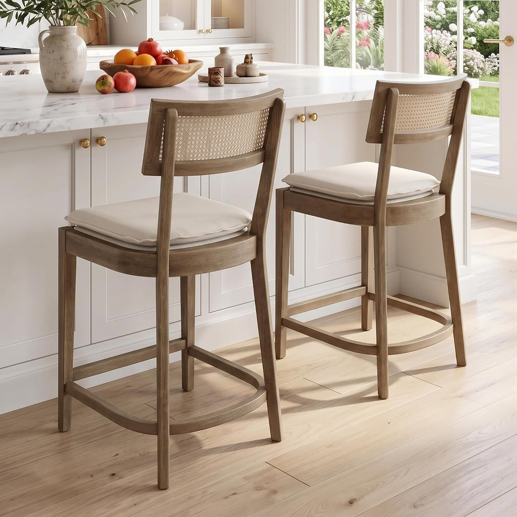 Rattan Counter Height Bar Stools Set of 2, 26" Wooden Bar Stools