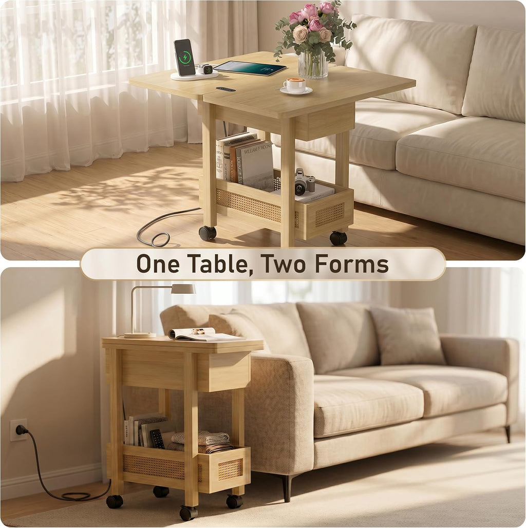 YOSHOOT Narrow End Table with Charging Station, Small Bedside Table