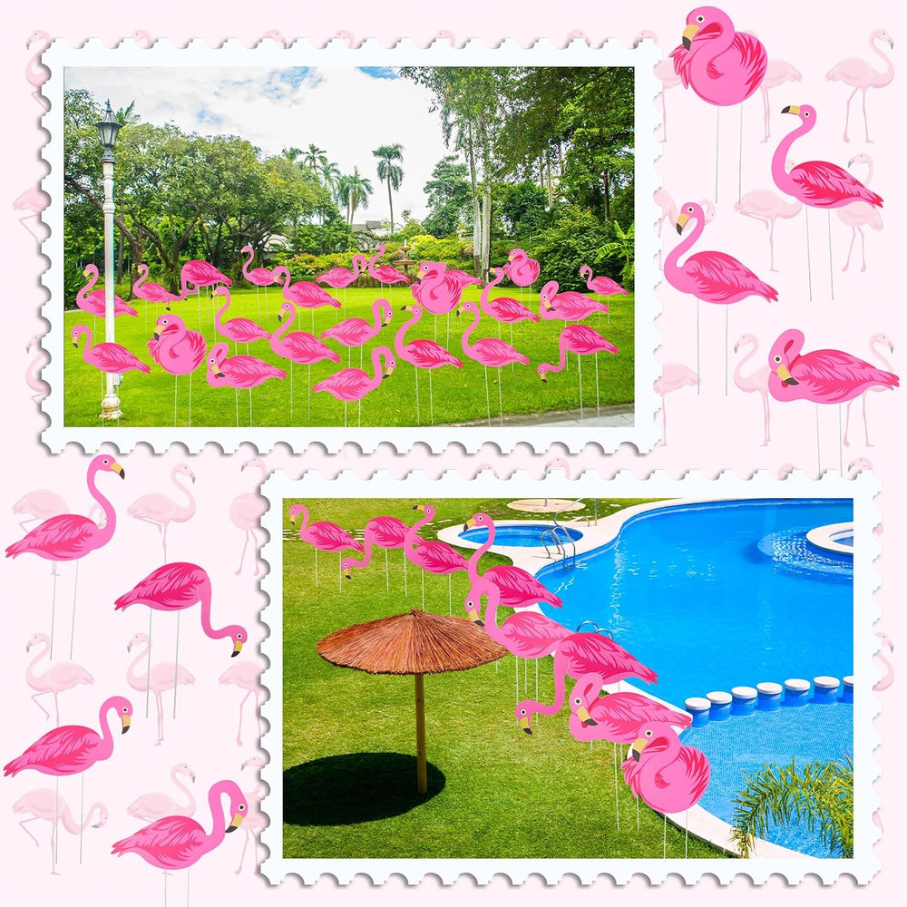 Yuntau 50 Pcs Pink Flamingo Yard Signs with 100 Stakes 8 Styles Patio Decorat...