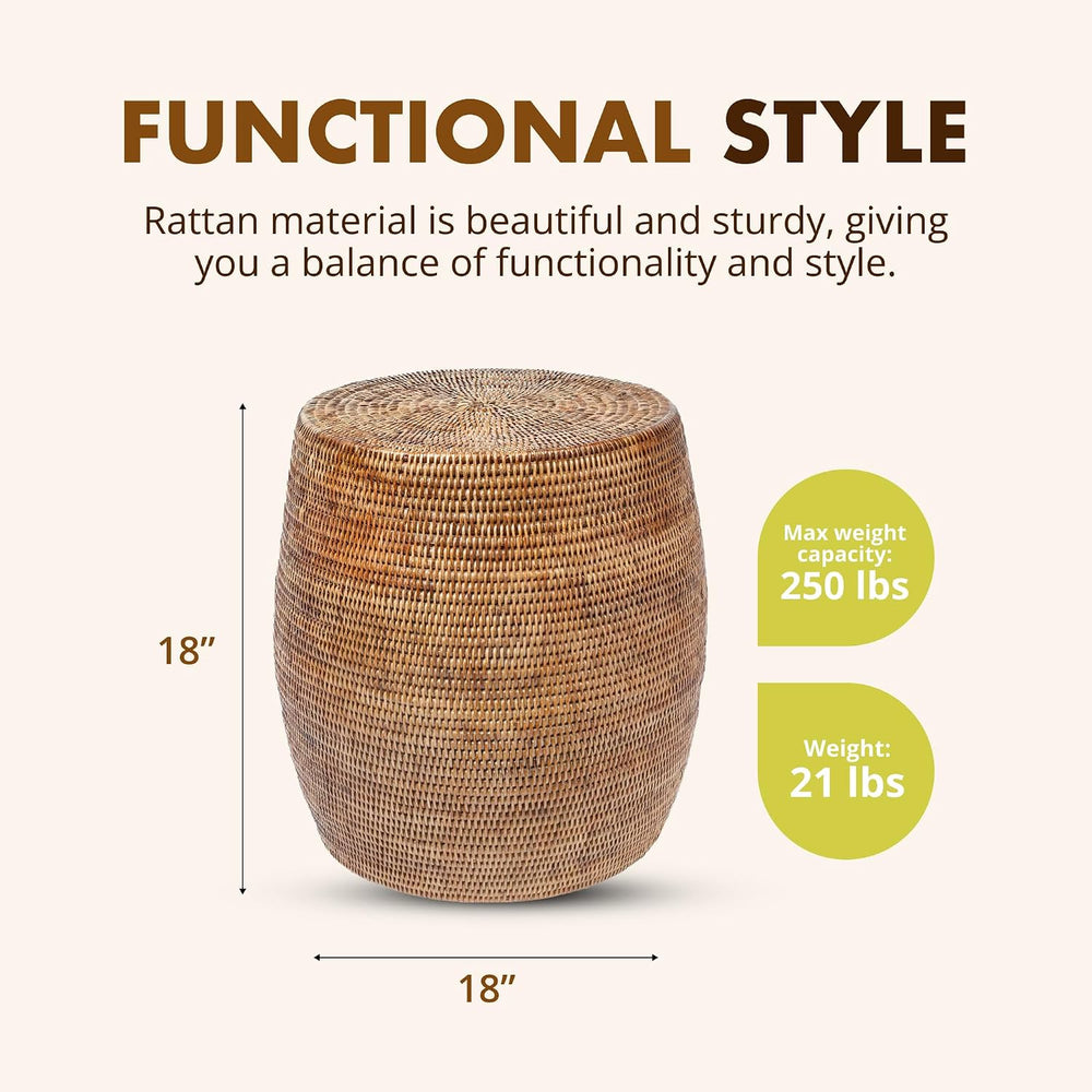 Kouboo La Jolla Round Rattan Stool, Side Table, Boho Decor, Honey Brown