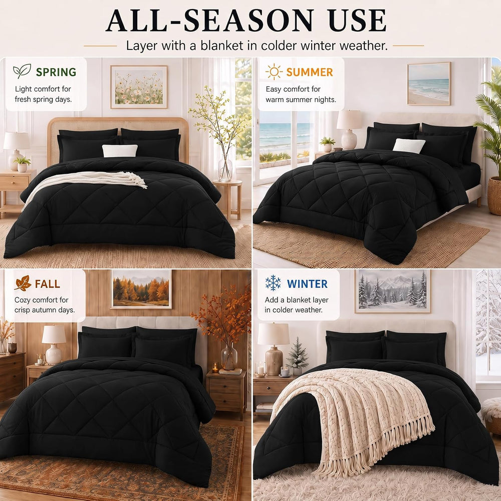 CozyLux Queen Comforter Set 88"x88" Black - 7 Piece Bed in a Bag