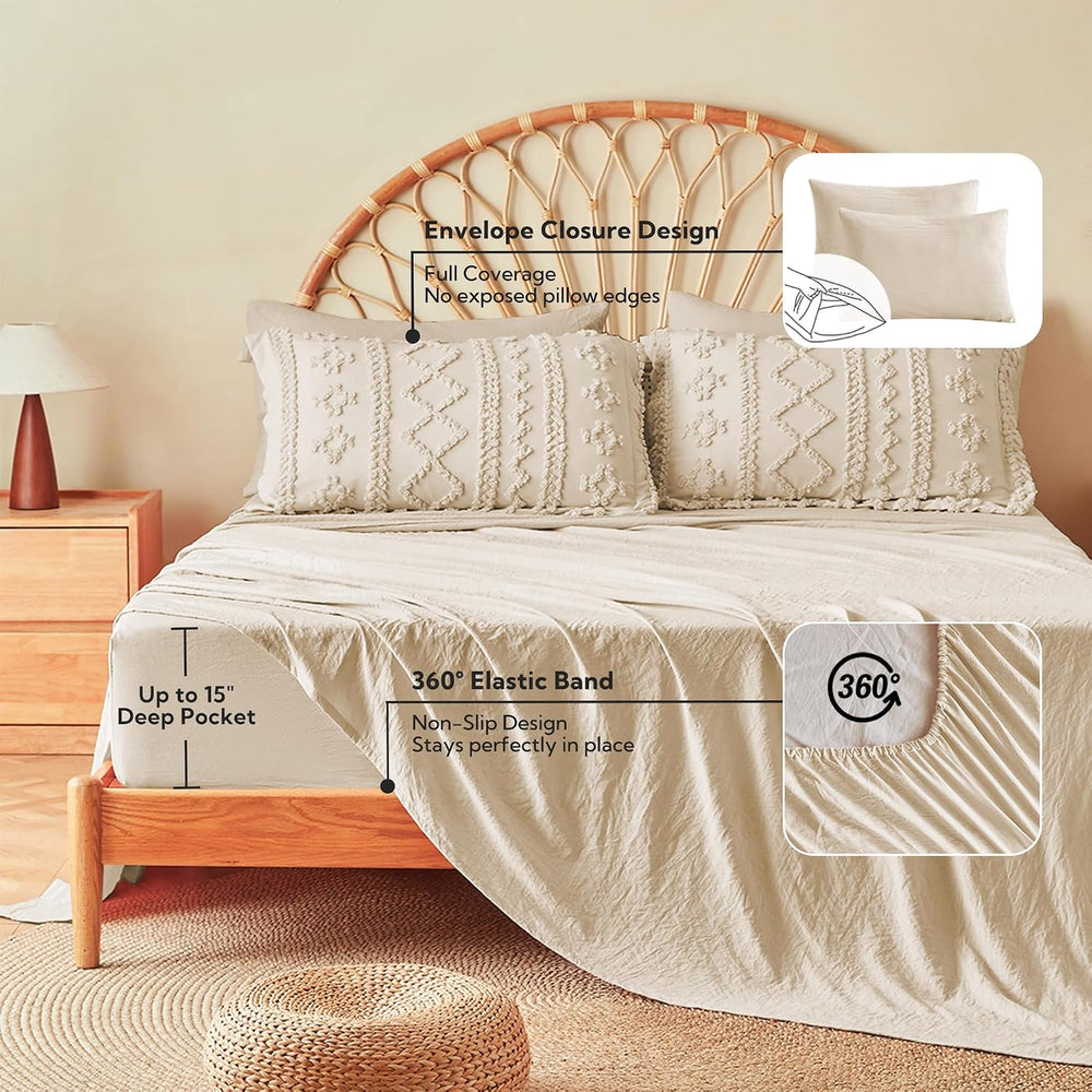 MR&HM Queen Comforter Set 7 Pieces, Fluffy Tufted Boho Beddding Set Beige