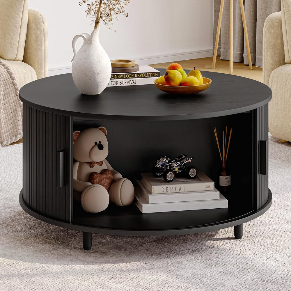 ONBRILL 31.5" Round Coffee Table with Storage Adjustable Footpads Black