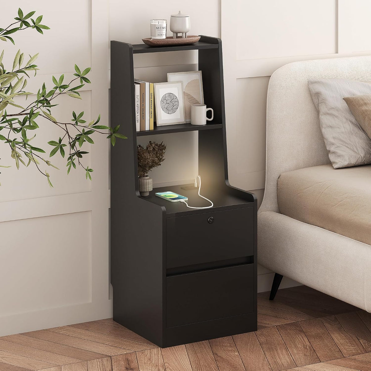 TERRUPEXSmart Nightstand with Wireless Charger & Voice Control Night Light, Modern Bedside Table with USB Ports AC Outlet, 2-Tier Bookshelf Lockable Storage Cabinet, with 7 Colors LED (Black)