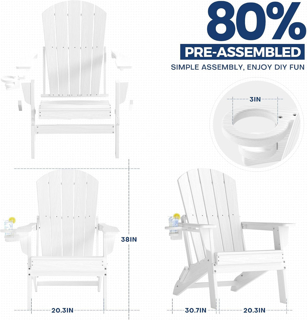 Adirondack Chair Set of 2 with Cup Holders&Table, White