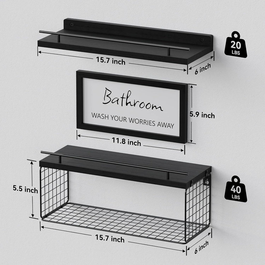WOPITUES Floating Shelves for Bathroom Decor Art, Modern Black