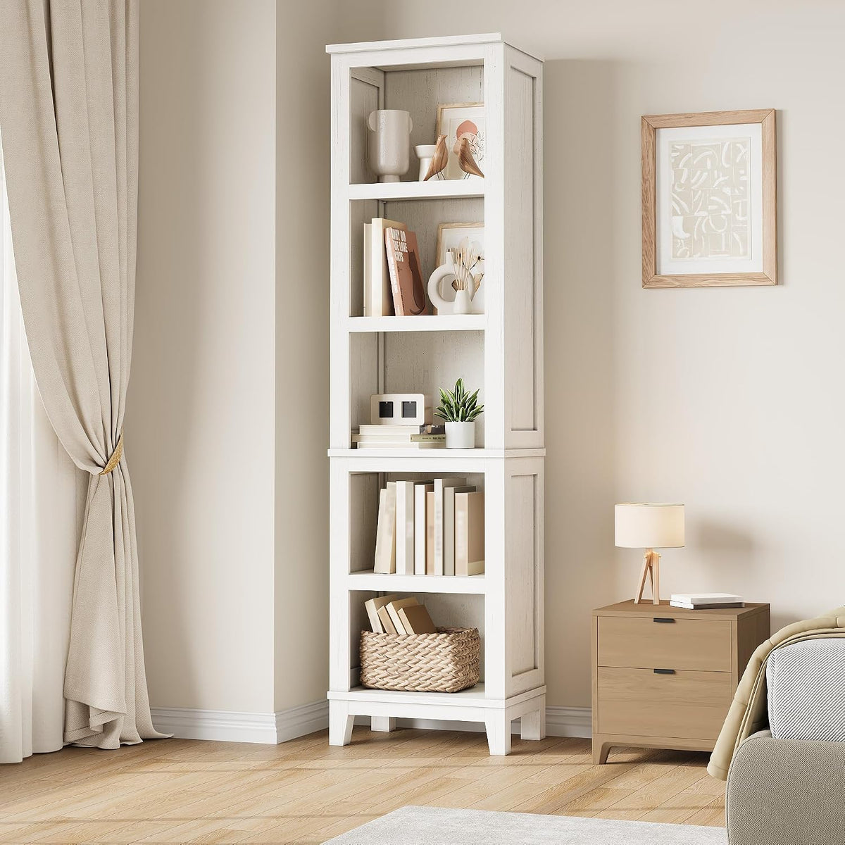 71" Tall Bookshelf, Farmhouse Bookcase with Adjustable Shelves