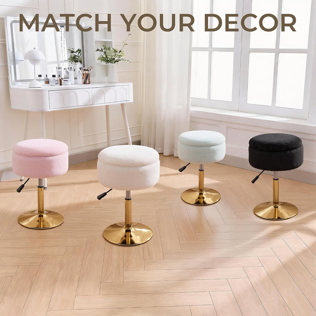 Vanity Chair with Storage Adjustable Stool for Vanity Swivel Vanity Stool Ottoman Gold Base Pale Green