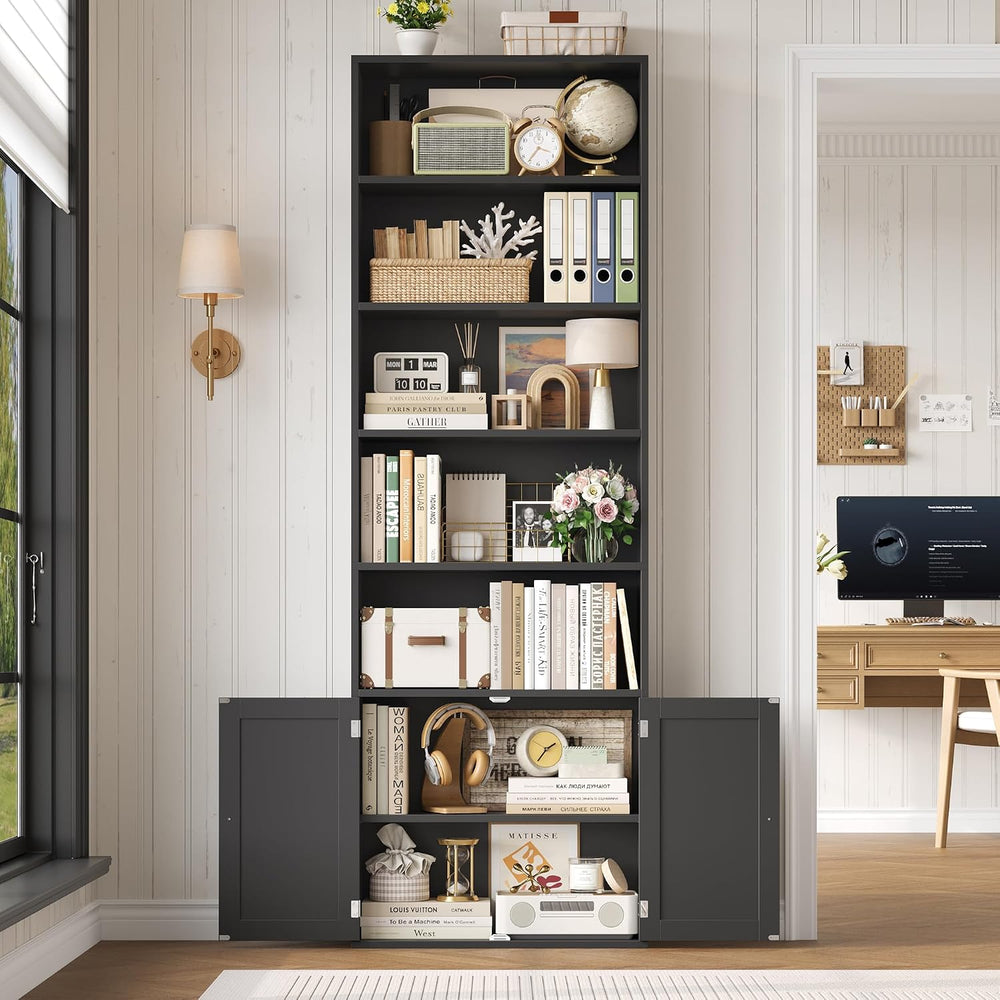 FACBOTALL 82" Tall Bookcase, Farmhouse Bookshelf with Doors, Black