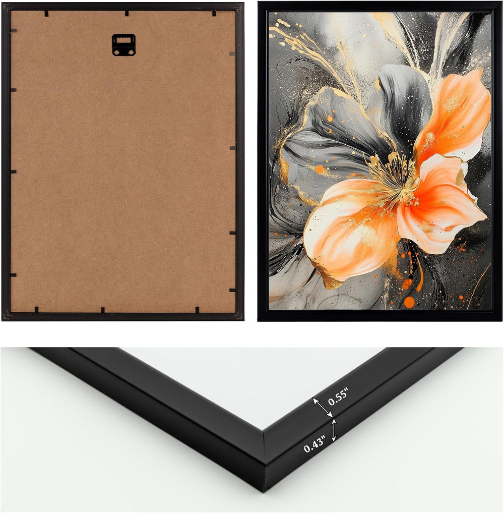 3 Piece Orange and Grey Abstract Flower Canvas Wall Art with Black Frame
