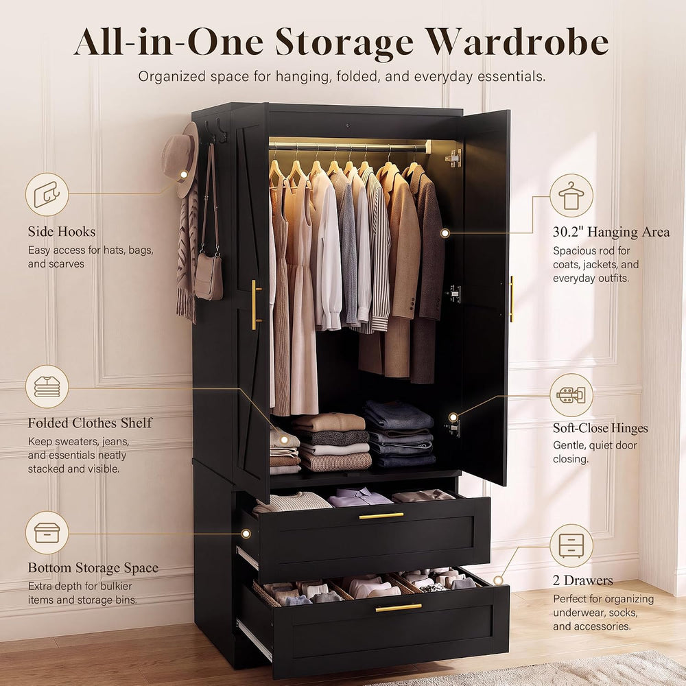 YESHOMY 70.9" Armoire Wardrobe Closet with Sensor Light, 2 Drawers (Black)