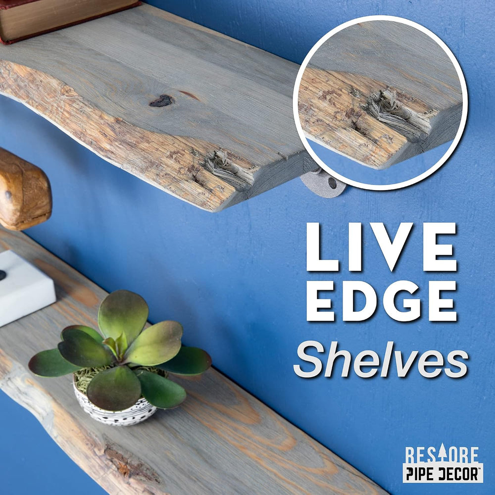 PIPE DECOR 36” Riverstone Grey Live Edge Wood Shelf with Industrial L-Shaped ...