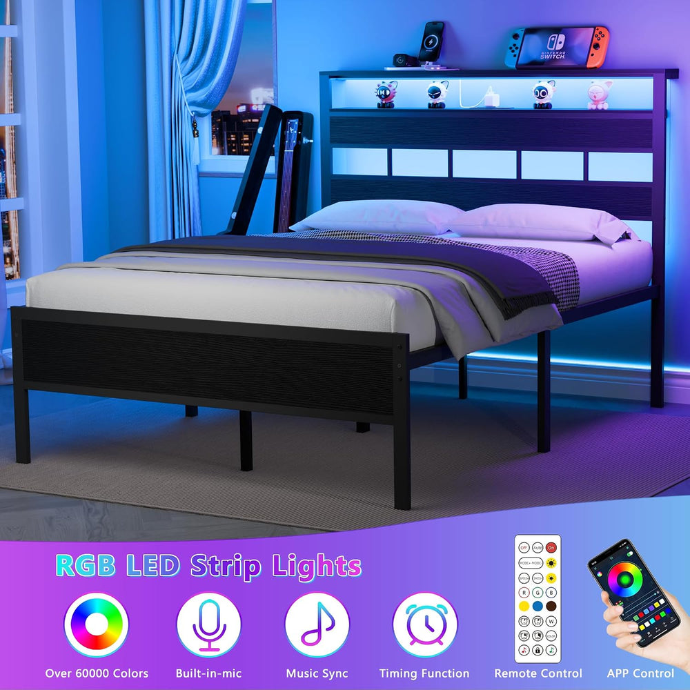 Furnulem Full Size Bed Frame, Storage Headboard, LED & Charger, Black Oak