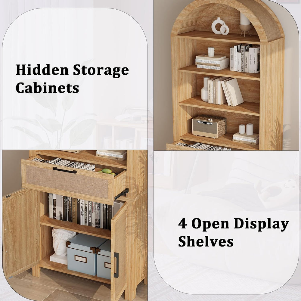 Janmer Home 79" Tall Arched Bookcase Cabinet with Doors, Natural,Rattan