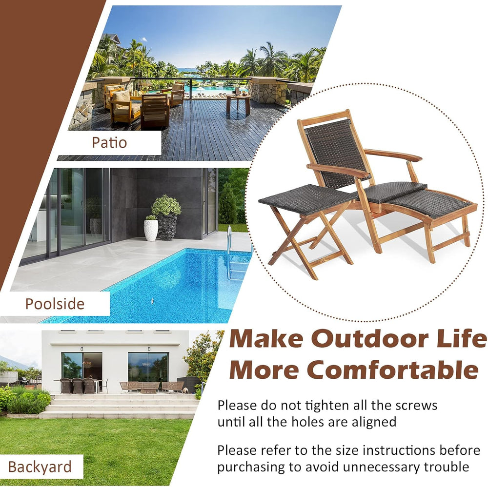 Tangkula Patio Lounge Chair and Side Table Set of 2, Acacia Wood Wicker Foldi...