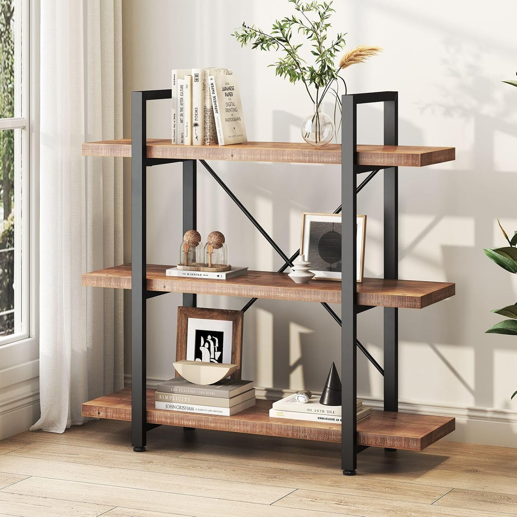 HSH 3 Tier Industrial Solid Wood Bookshelf, Distressed Brown
