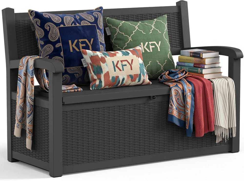 120 Gallon Outdoor Storage Bench Lockable, Rattan Black