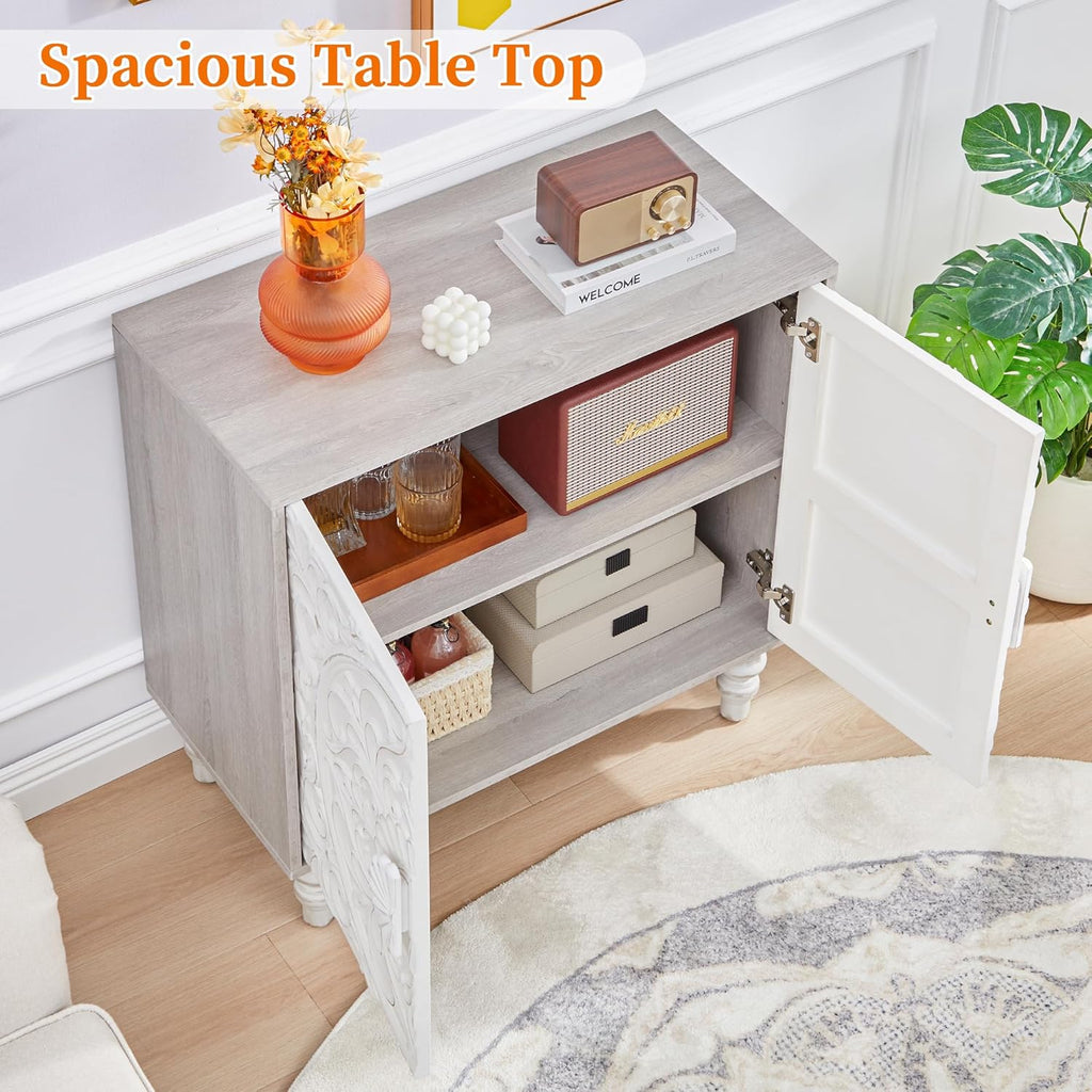 White Distressed Carved Accent Cabinet,2 Door Vintage Storage Sideboard