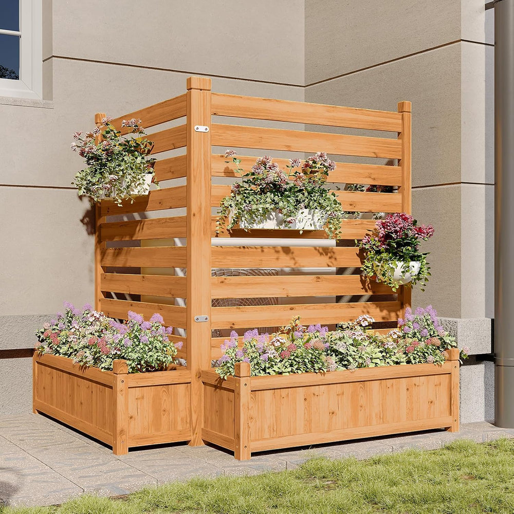 Aoxun Air Conditioner Fence, 2-Panel Wood Privacy Screen with Planter Box