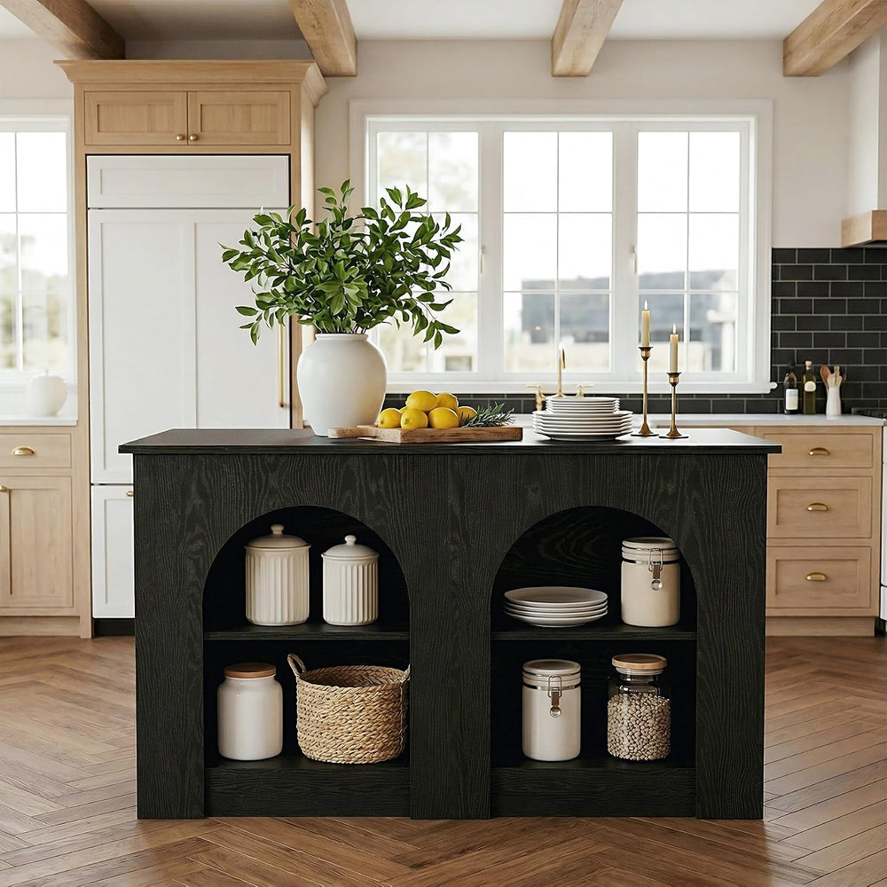 LITTLE TREE 55” Kitchen Island with Seating and Storage, Modern Black Wood St...