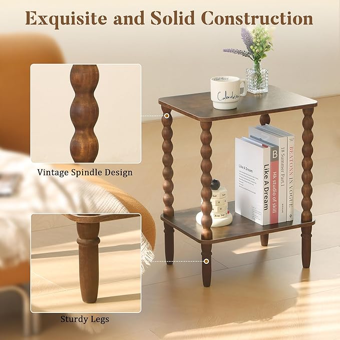 Side Table, Small End Table with Storage Shelf, 2-Tier Small Coffee Tables Living Room for Bedroom, Narrow Spaces (Rustic Brown)