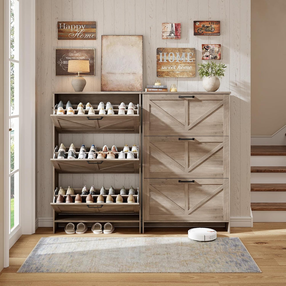 Nicetree Farmhouse Gray Shoe Cabinet – Ultra Slim 3-Drawer Flip Organizer wit...
