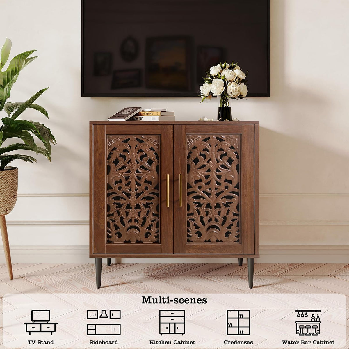 ARTPOWER Vintage Hollow Carving Accent Cabinet with 2 Doors for Living Room