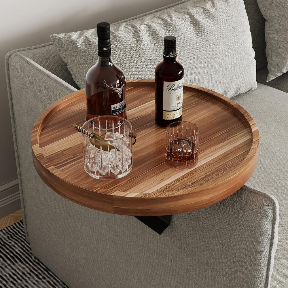 Acacia Wood Couch Arm Tray Table,Anti-Slip Adjustable Round Sofa Arm Tray,Woo...