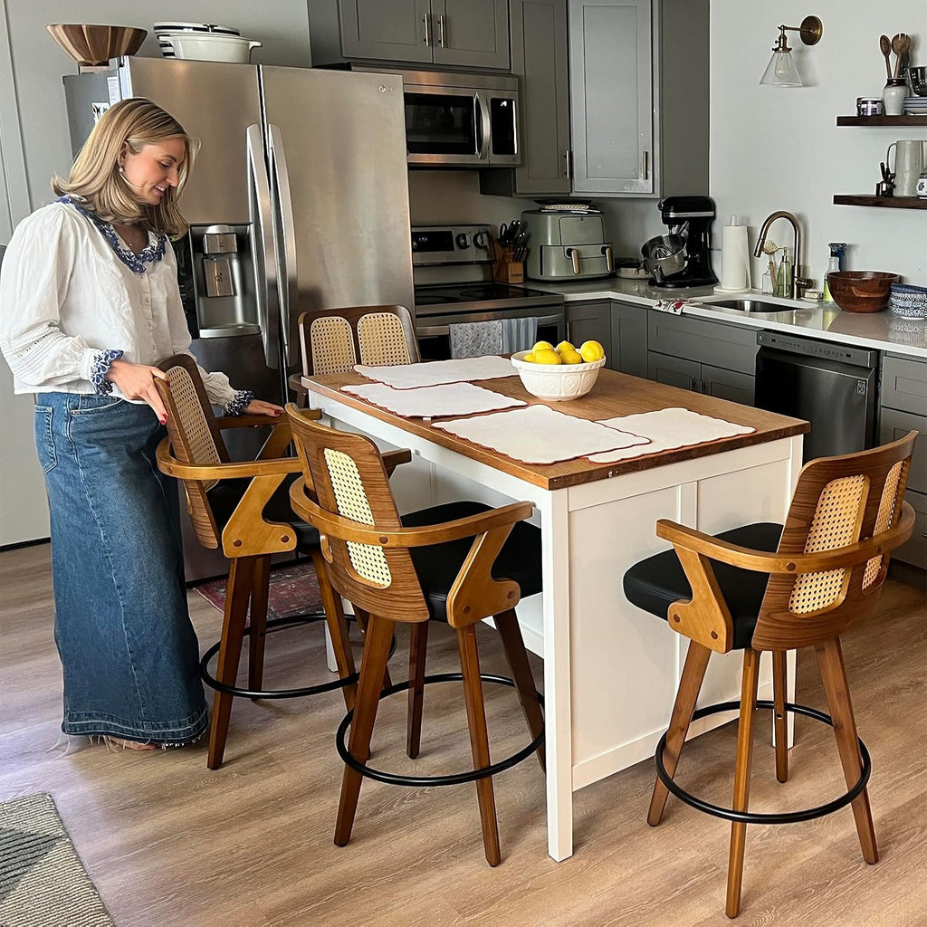 Mid Century Bar Stools, Rattan Swivel Bar Stools with Walnut Finish